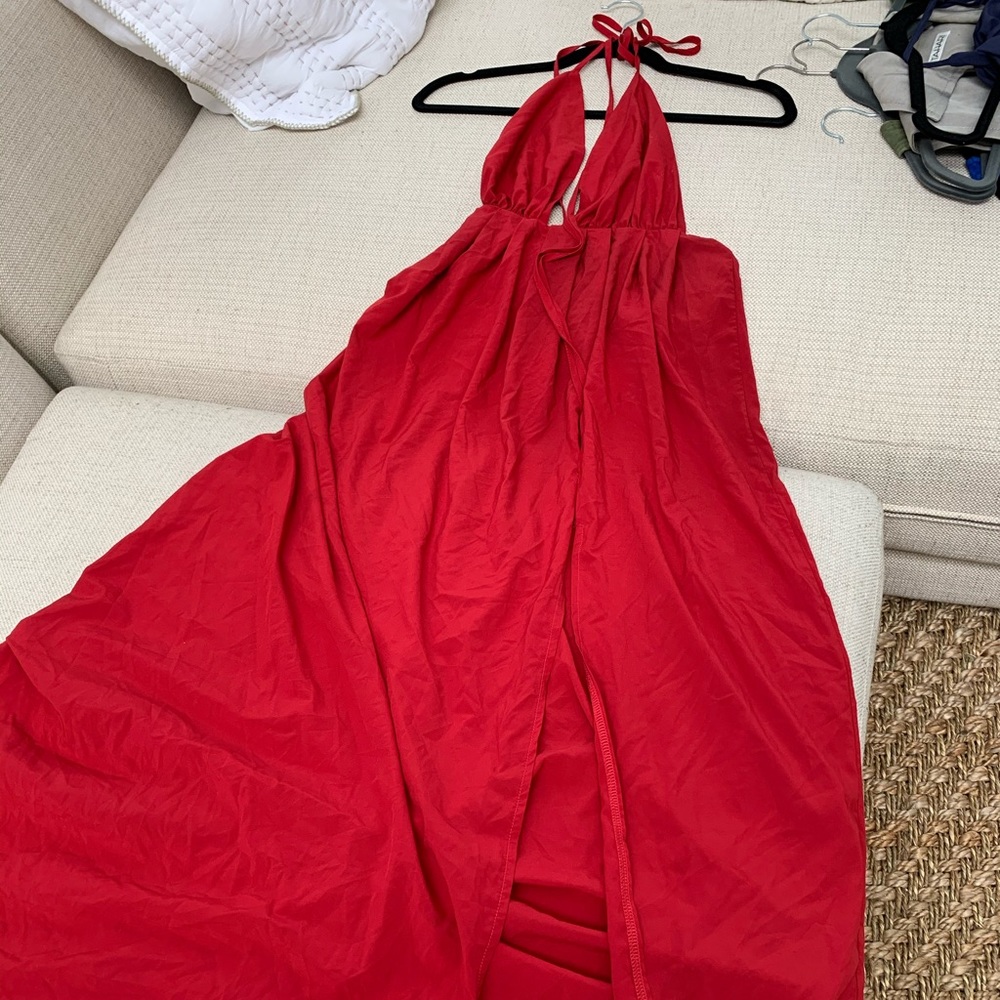 Red Maxi Dress Open Back with Slit